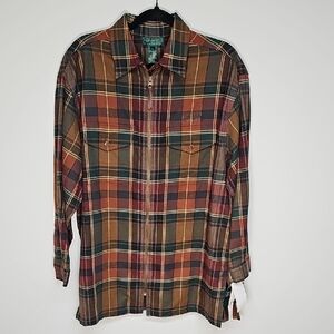 Vintage Lauren Ralph Lauren Zip Up Shacket, Brown Green Plaid, Size L, NEWw FLAW
